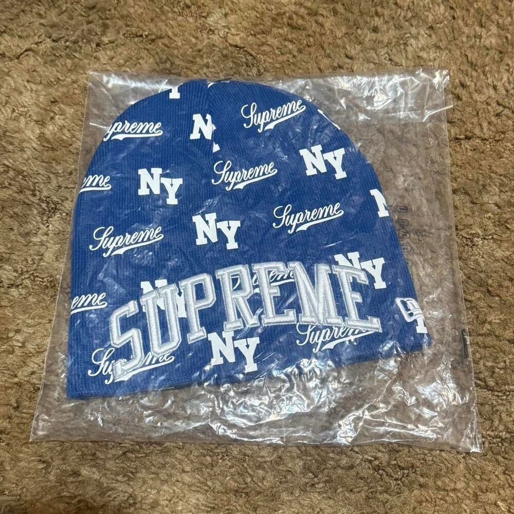 Supreme New Era Monogram Beanie Royal Blue In Hand